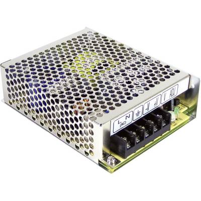 Boîtier métallique pour alimentation à découpage avec trous de ventilation, bornes de connexion pour courants alternatif et continu, étiquettes : CA, Terre, -V, +V, ADJ.