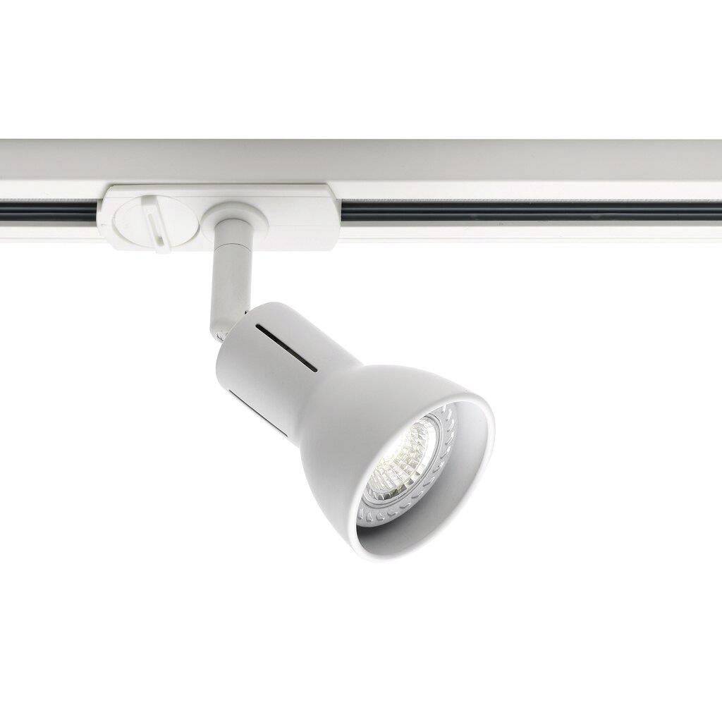 'Lampe projecteur blanche montée sur rail, orientée vers le bas, adaptée pour un éclairage directionnel à l'intérieur.'