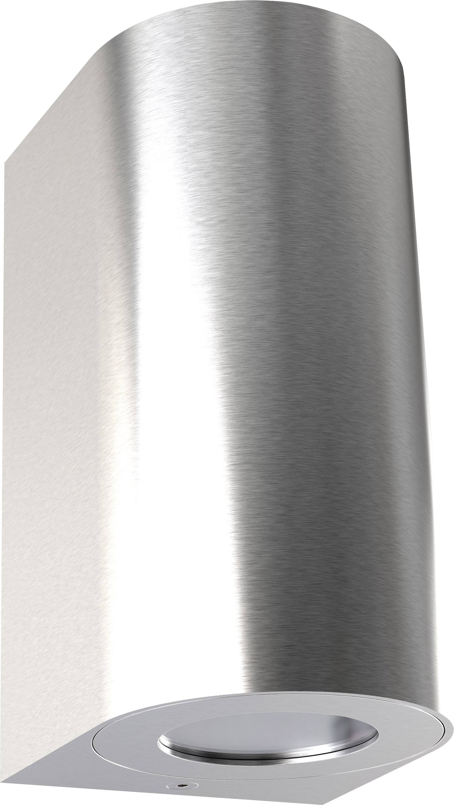 Applique murale en acier inoxydable brossé de forme cylindrique.