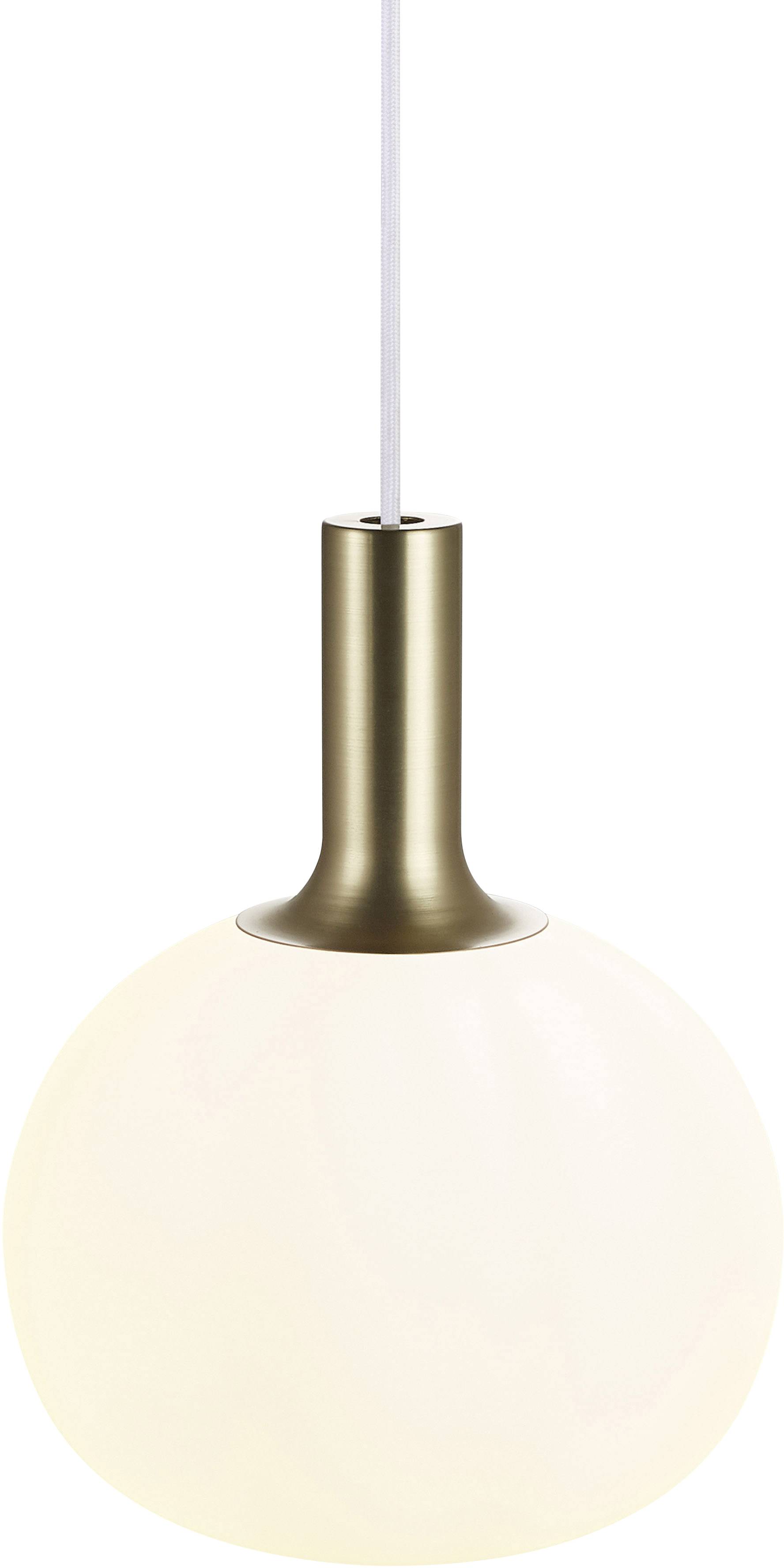 Une lampe pendante ronde blanche avec un embout métallique couleur or et un câble suspendu.