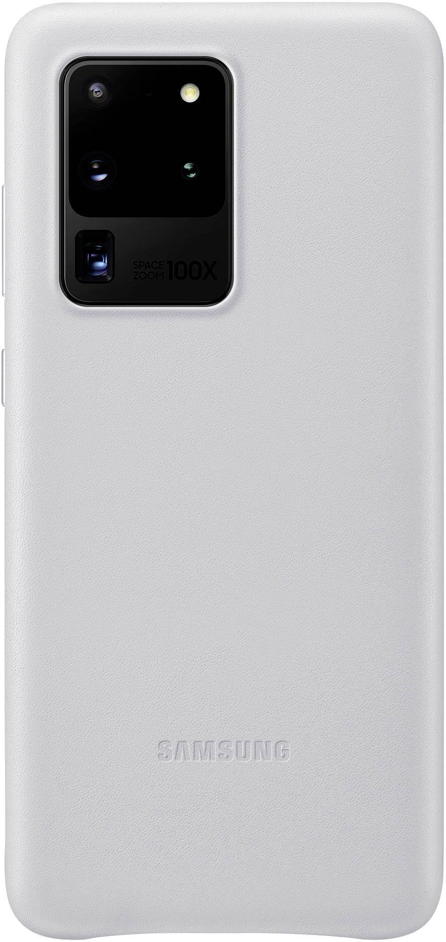 Dos d'un smartphone Samsung avec une coque grise et plusieurs objectifs d'appareil photo.