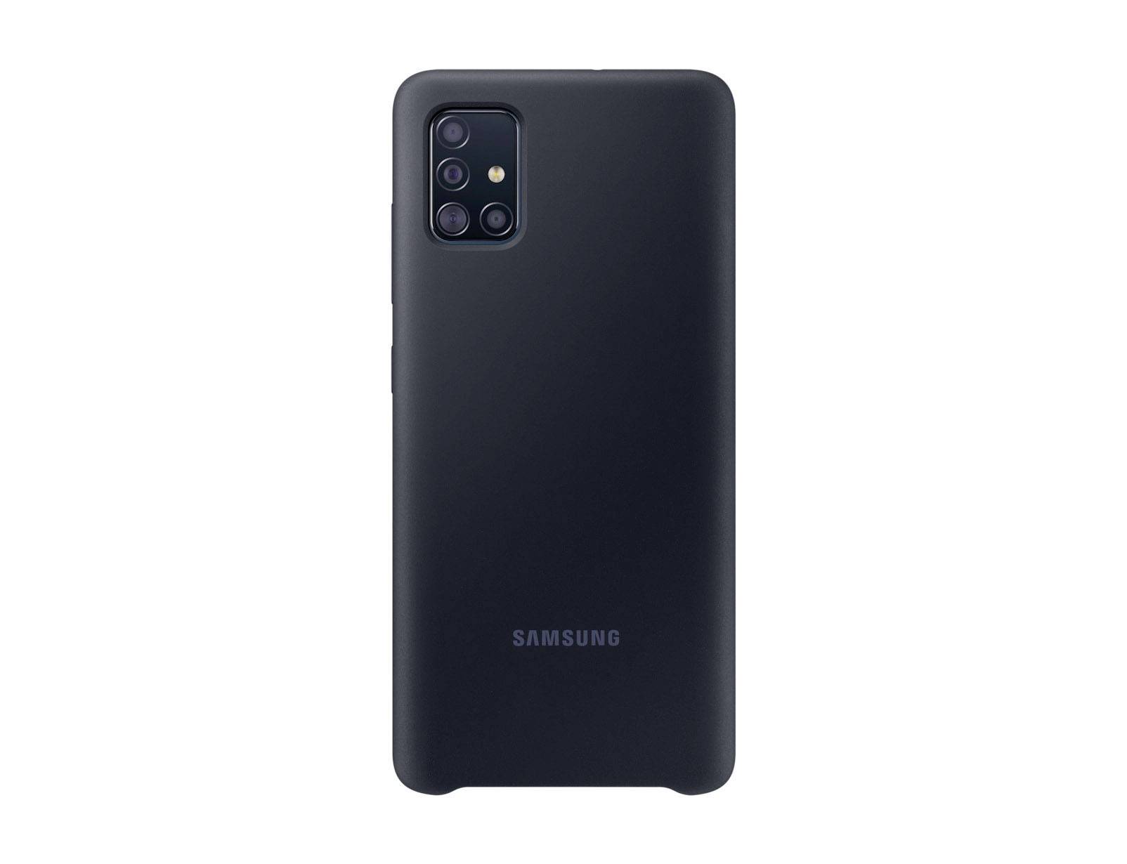 Smartphone vu de dos avec une coque noire. Quatre objectifs photo en haut à gauche. Nom de marque 'Samsung' visible au centre en bas.