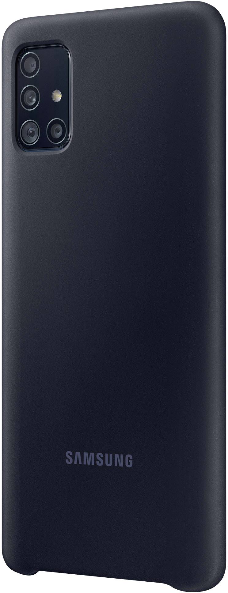 Une coque de téléphone noir avec quatre objectifs de caméra à l'arrière et le logo 'Samsung' en bas.