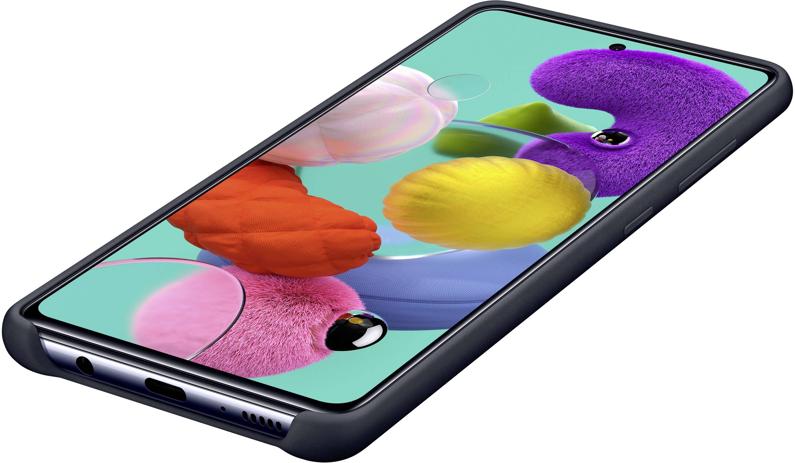 Un smartphone avec une coque de protection colorée affiche un fond d'écran animé avec des boules et des motifs colorés.
