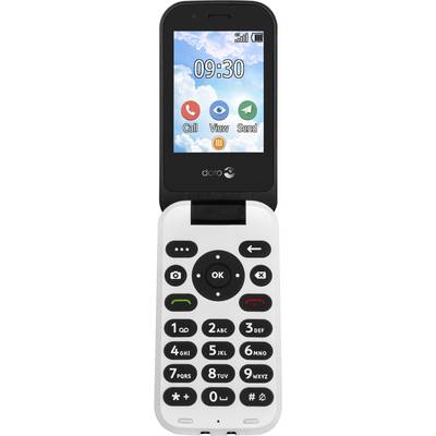 Un téléphone portable à clapet avec un grand écran affiche l'heure et les symboles d'appel, de vue et d'envoi. Des touches avec de grands chiffres en dessous.
