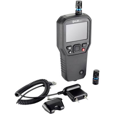 Un dispositif portable FLIR avec écran, entouré de capteurs amovibles et d'un câble de chargement USB. Principalement utilisé pour la détection de gaz.