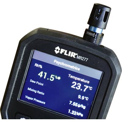 Un appareil de mesure indique : Humidité relative 41,5 %, Température 23,7 °C, Point de rosée 9,9 °C, Rapport de mélange 7,55 g/kg, Pression de vapeur 1,22 kPa.