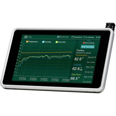Une tablette affiche un diagramme montrant la température, l'humidité et le point de rosée au fil du temps. Valeurs actuelles : température 82,6°F, humidité 62,6%, point de rosée 68,5°F.