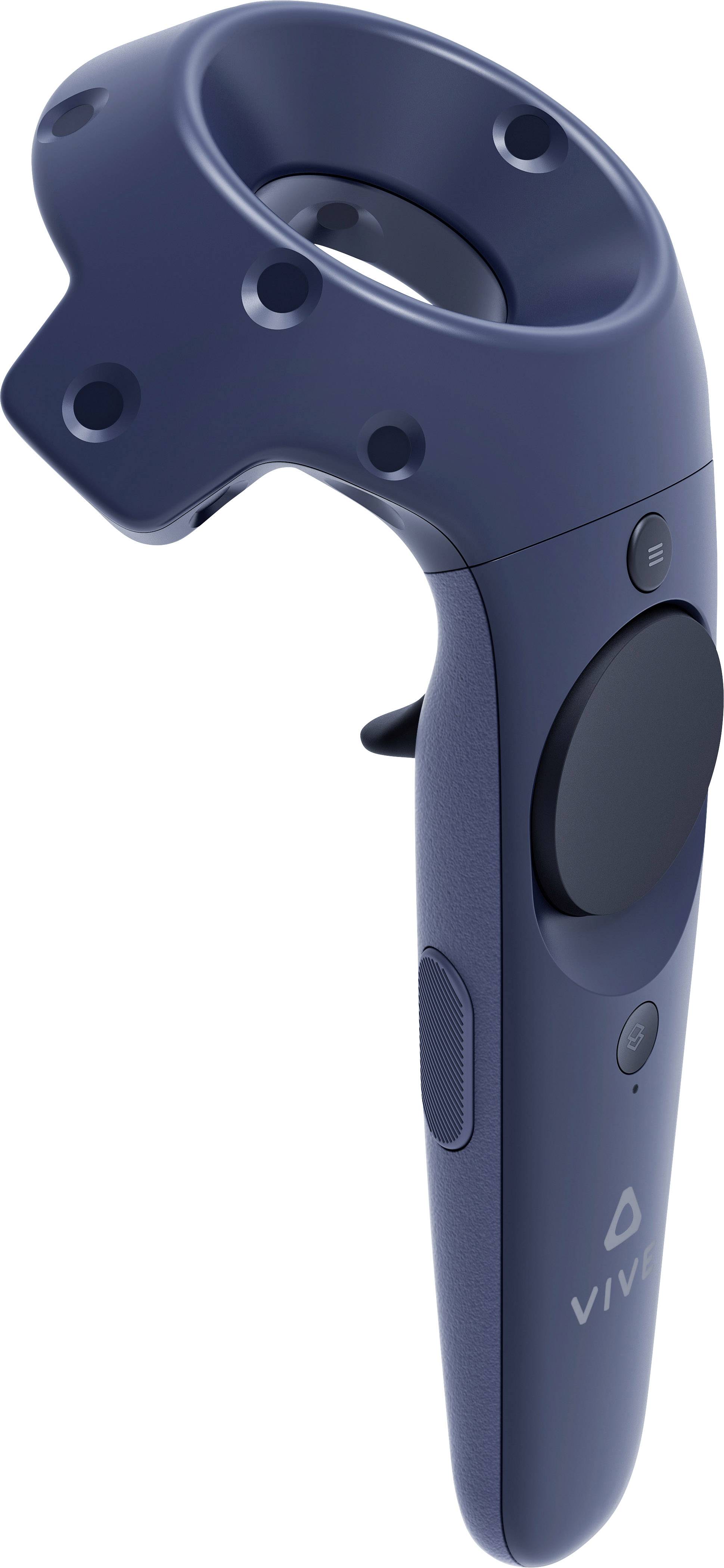 Contrôleur de Réalité Virtuelle en bleu marine, représenté de côté, montrant ses boutons et surface de contrôle. Adapté pour des expériences VR immersives.