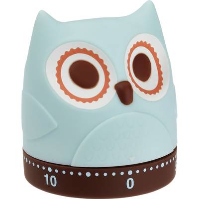 Un minuteur de cuisine bleu en forme de hibou, avec une échelle de 0 à 60 minutes. Le chiffre 10 est marqué.