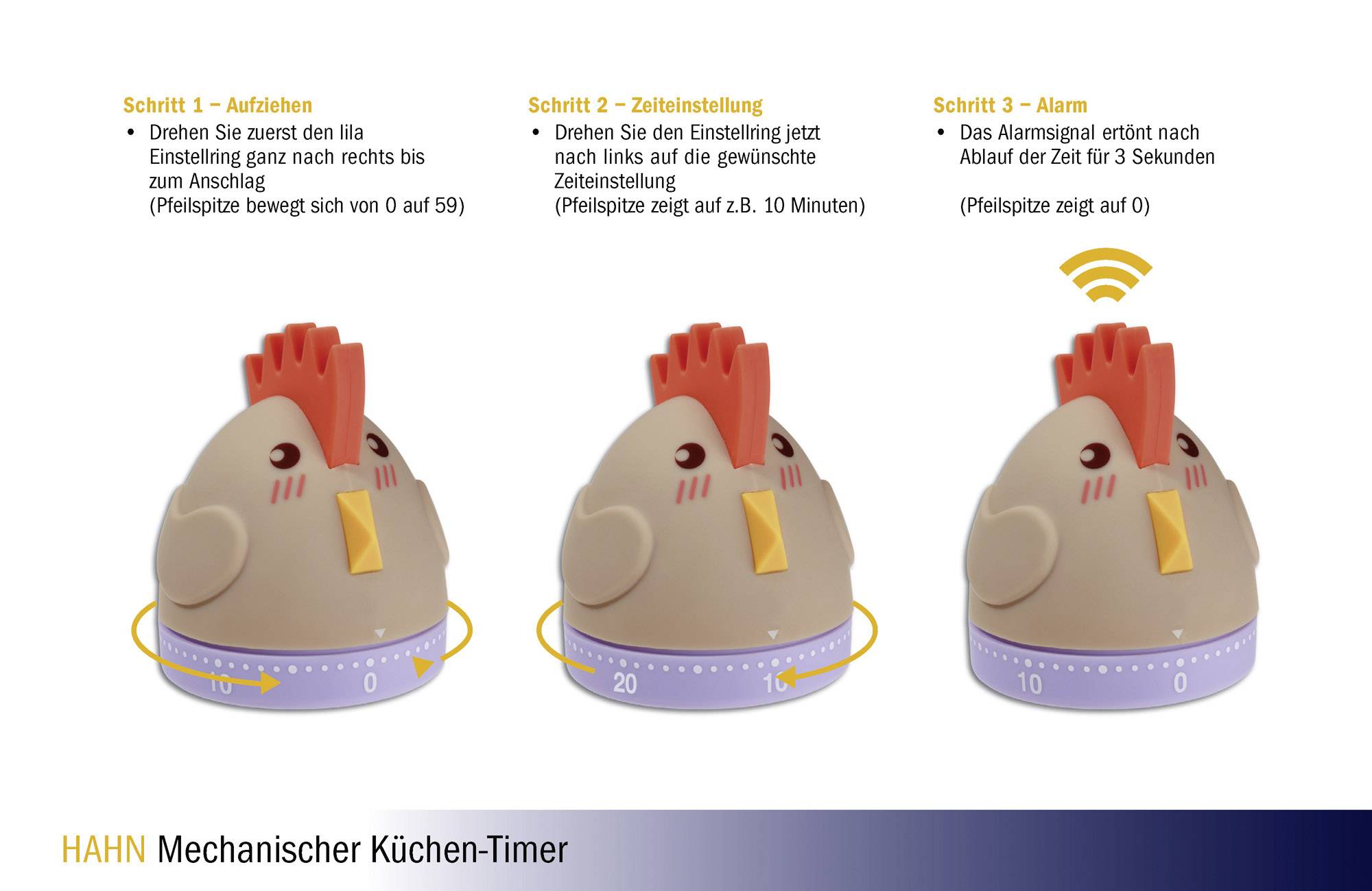 'Illustration d'un minuteur de cuisine mécanique en forme de poulet. Montre les étapes : remontage, réglage du temps, déclenchement de l'alarme.'
