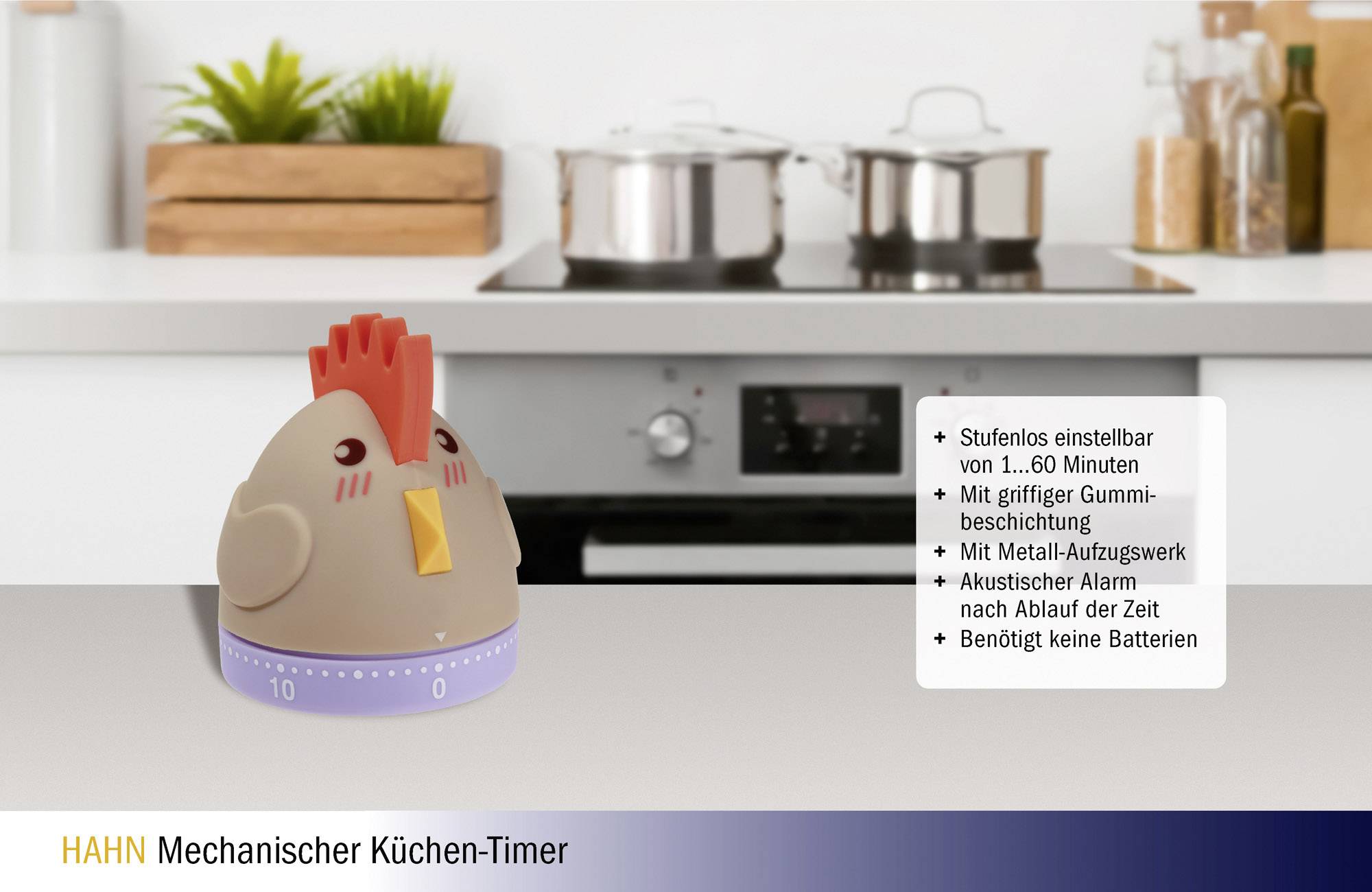 Un minuteur de cuisine mécanique en forme de poulet est placé devant une cuisinière. Le minuteur est réglé sur dix minutes. Le texte décrit ses fonctions.