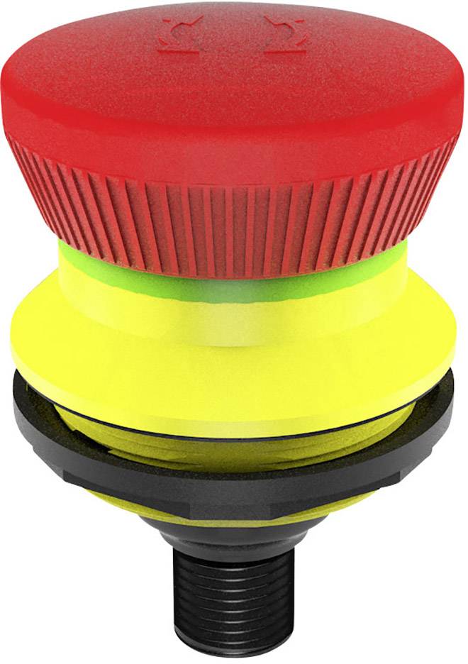 Bouton d'arrêt d'urgence en rouge, intégré dans un boîtier jaune.