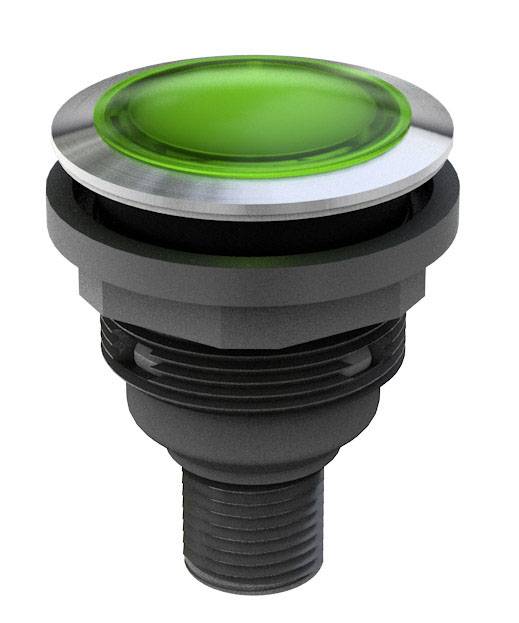 Un bouton-poussoir rond de couleur verte, avec un boîtier noir et un bord argenté.