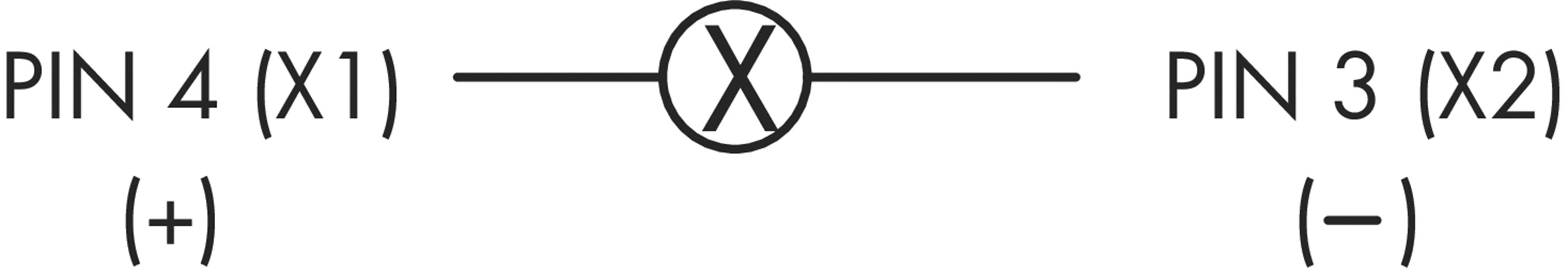 Symbole de commutation pour un transformateur ou un transducteur avec deux bornes : 'BROCHE 4 (X1) (+)' et 'BROCHE 3 (X2) (-)'.