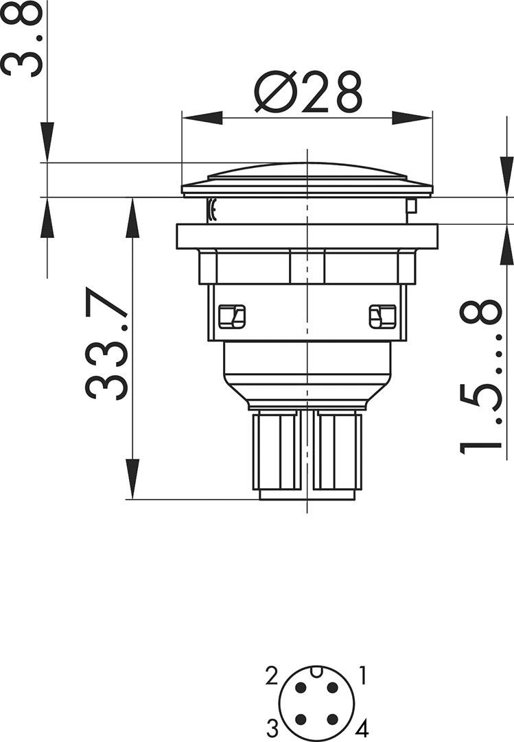 Dessin d'un interrupteur rond de 28 mm de diamètre avec des indications de hauteur de 3,8 mm et 33,7 mm ; schéma de connexion ci-dessous.