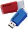 Deux clés USB de Verbatim, l'une rouge et l'autre bleue, sont posées côte à côte. La clé rouge a son capuchon retiré, tandis que la bleue est fermée.