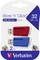 Deux clés USB Verbatim de 32 Go en rouge et bleu. Série 'Store 'n' Click', USB 3.2 Gen 1. L'emballage présente des mains tenant les clés.