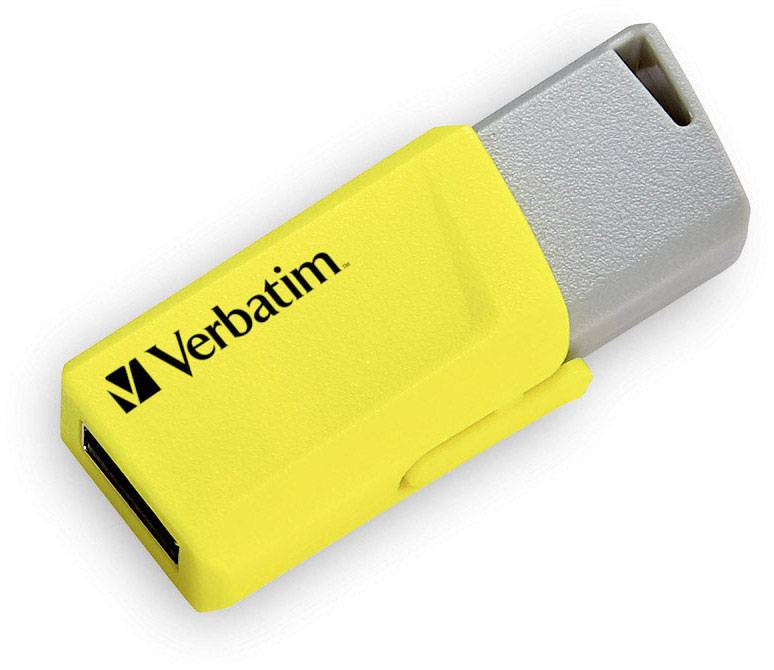 Clé USB jaune de Verbatim. Corps principal en plastique avec connecteur argenté, support de stockage portable pour données numériques.