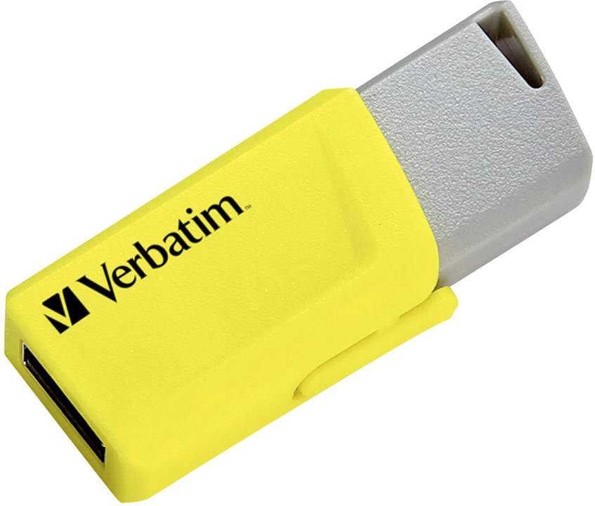 Clé USB jaune de la marque Verbatim avec capuchon amovible.