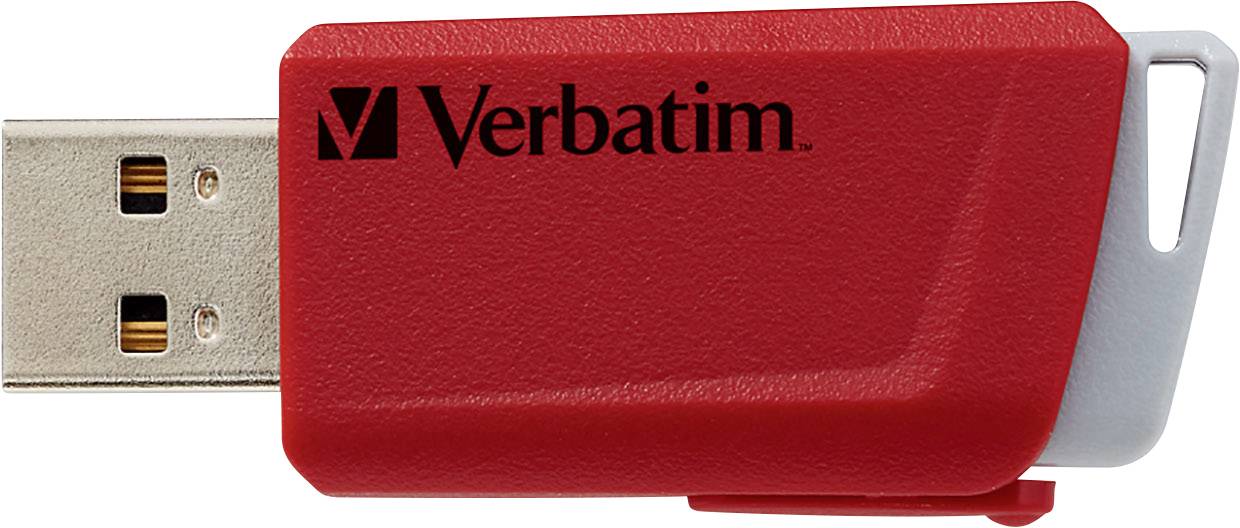 Une clé USB rouge de la marque Verbatim avec connecteur argenté et capuchon de protection.