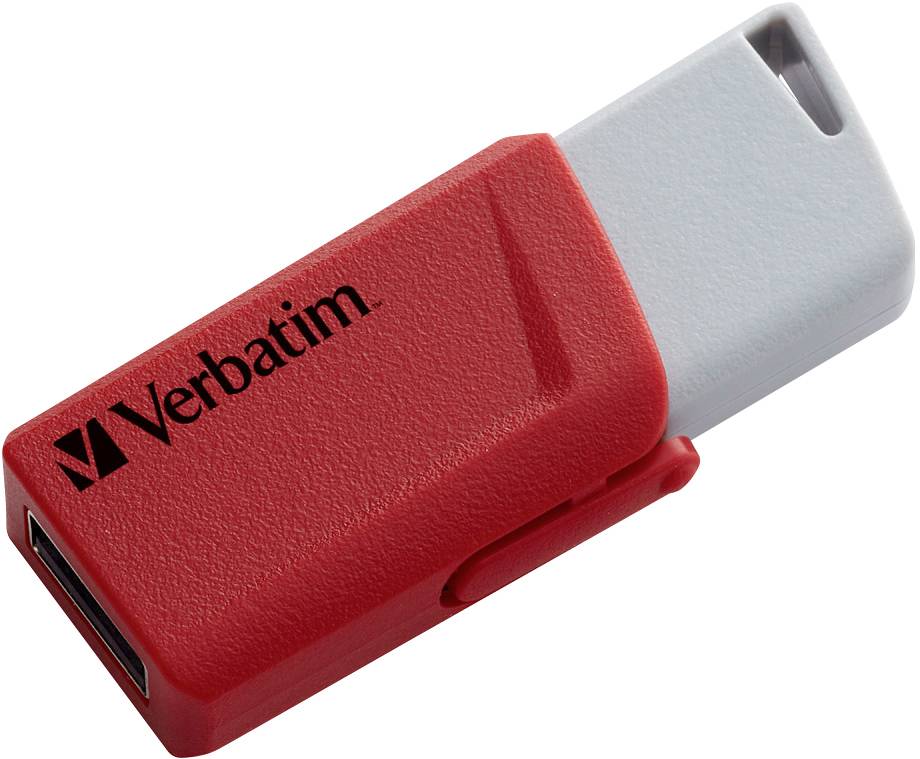 Clé USB rouge de la marque Verbatim avec connecteur gris.