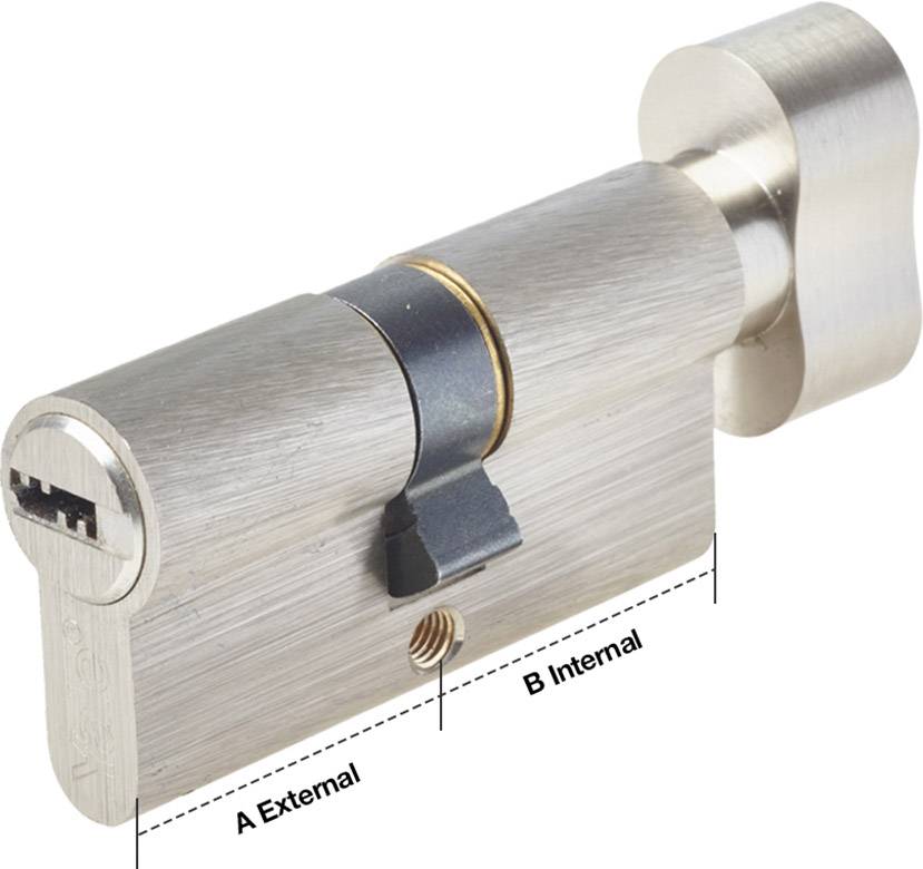Un cylindre de serrure avec bouton est représenté. Le cylindre est étiqueté 'A Externe' et 'B Interne' pour indiquer les côtés extérieur et intérieur.