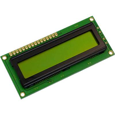 Un module d'affichage LCD rectangulaire vert, souvent utilisé dans des projets électroniques pour afficher des informations textuelles, avec des bornes de contact dorées.