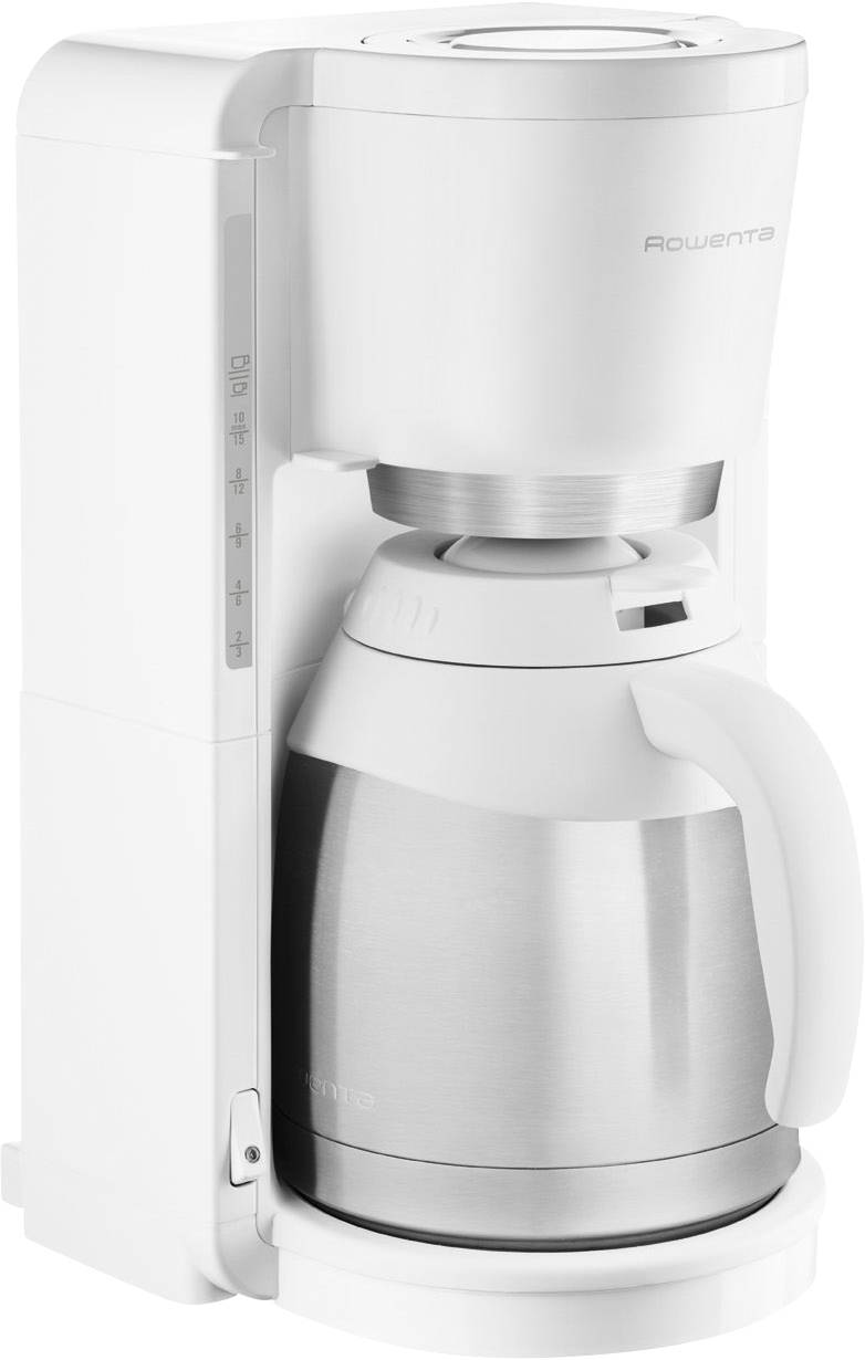 Machine à café avec un thermos argenté, boîtier blanc, graduations sur le côté et nom de marque visible.