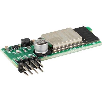 Petit circuit électronique imprimé avec un module blindé métallique, condensateur, inductance et connecteurs d'en-tête à broches sur fond blanc.
