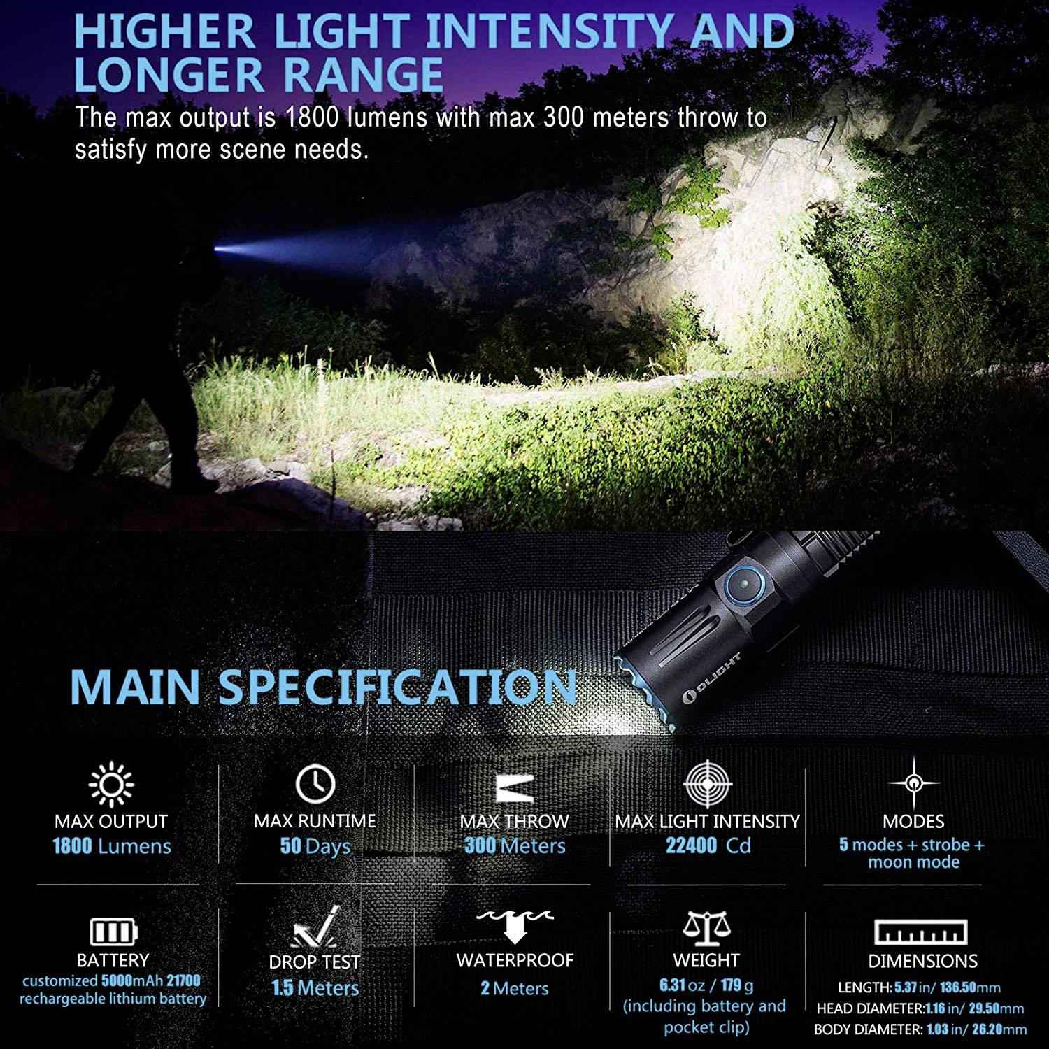 OLight M2R Pro Warrior LED Lampe de poche à batterie 1800 lm 1200 h 179 g-19