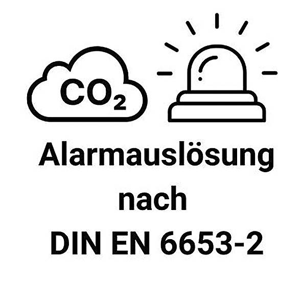 Nuage de CO2 et sirène d'alarme avec le texte « Déclenchement d'alarme selon DIN EN 6653-2 » sur fond blanc.