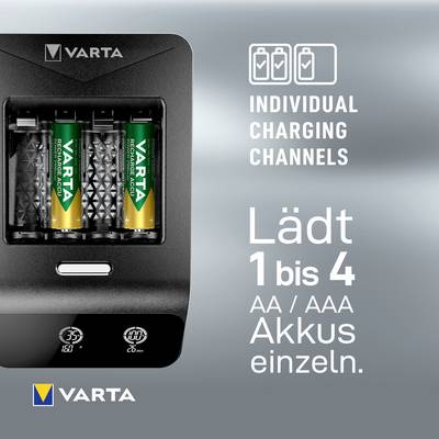 Chargeur VARTA montrant quatre piles rechargeables AA à côté. Texte 'Emplacements individuels, charge 1 à 4 piles AA/AAA séparément.'