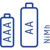 « Illustration de deux piles, de taille AAA et AA, étiquetées NiMH, indiquant des batteries rechargeables au nickel-hydrure métallique. »