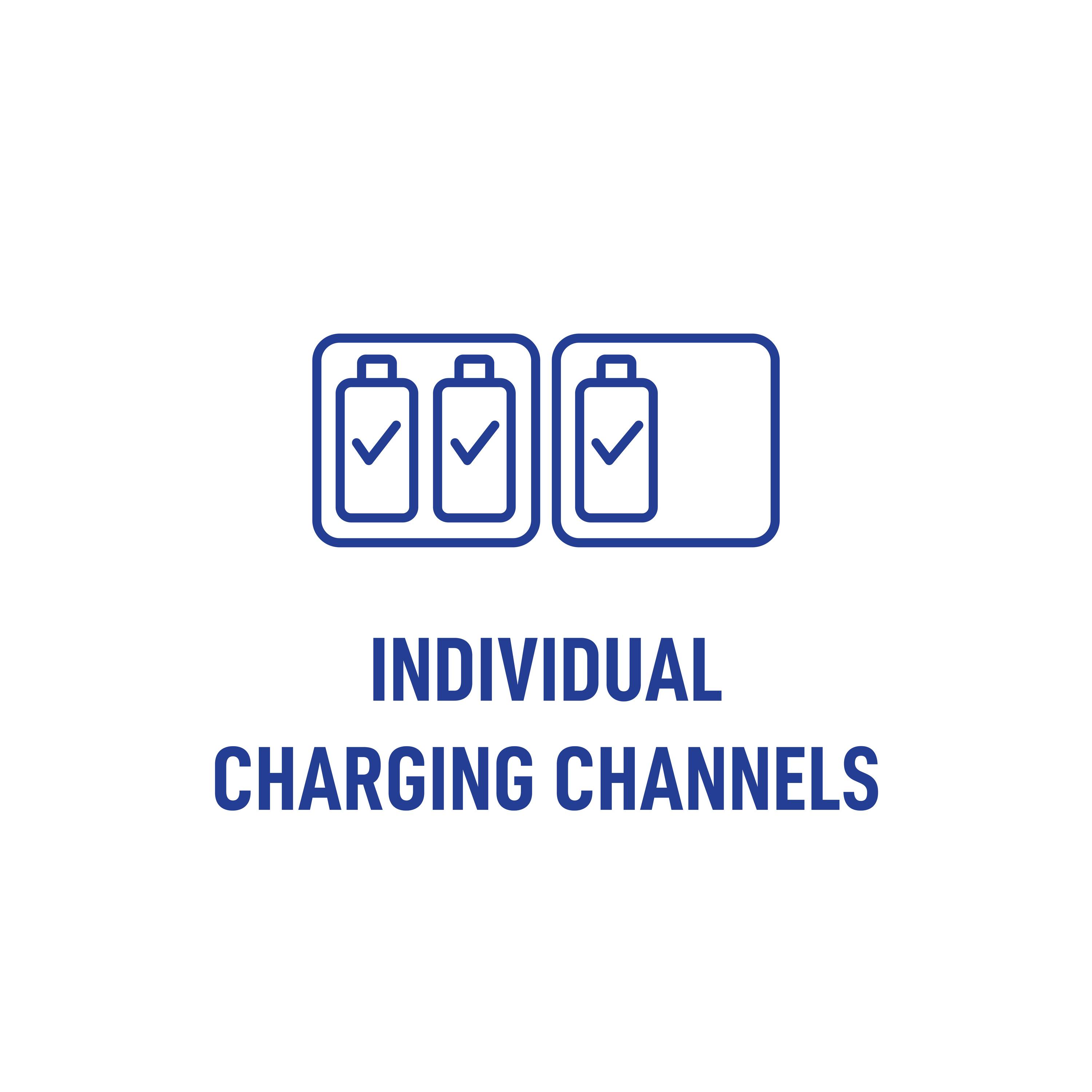 Icône de "Canaux de charge individuels" représentant trois batteries, dont deux sont marquées de coches, indiquant un suivi distinct du statut de charge.