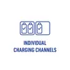 Icône de "Canaux de charge individuels" représentant trois batteries, dont deux sont marquées de coches, indiquant un suivi distinct du statut de charge.