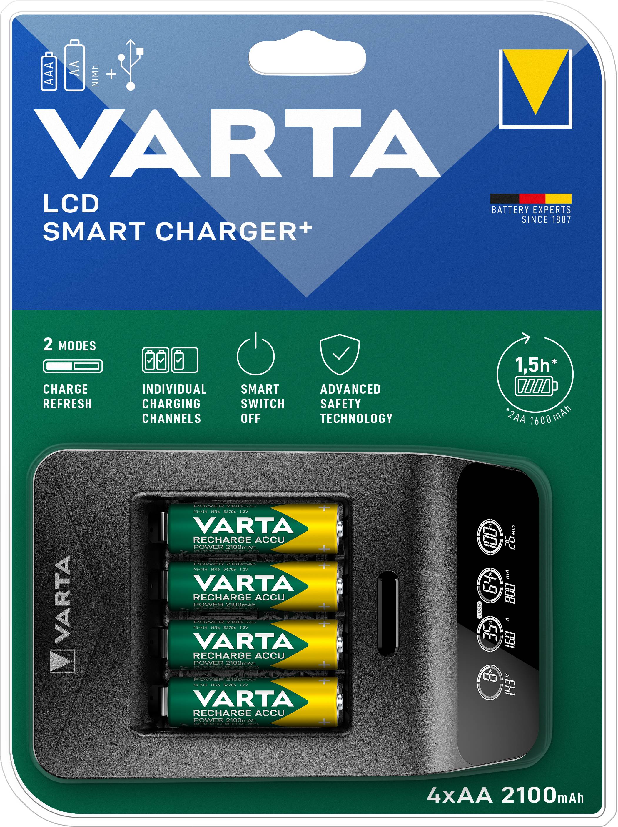 Sur l'image se trouve un chargeur intelligent VARTA LCD Smart Charger+, accompagné de quatre piles AA. L'emballage met en avant la charge rapide et l'arrêt intelligent.