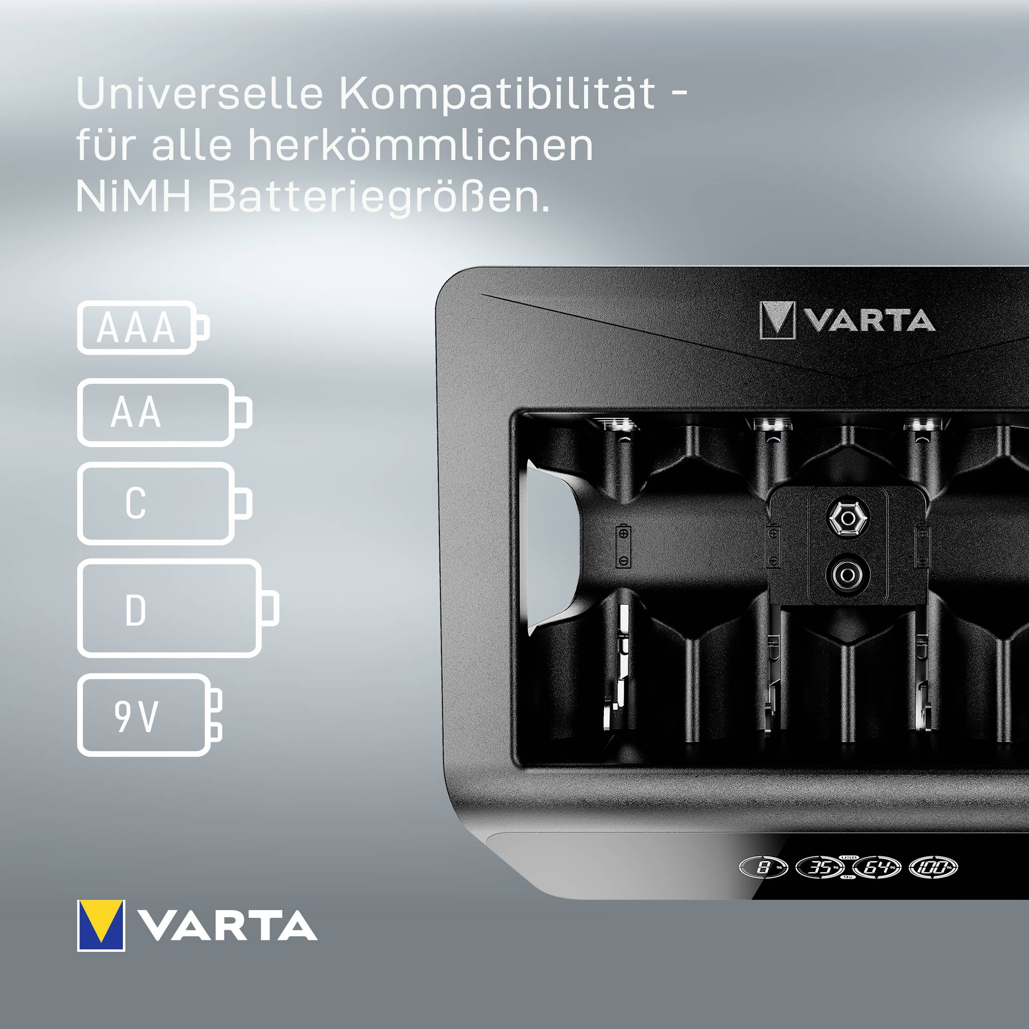 Chargeur pour différentes tailles de batteries Varta. Compatible avec AAA, AA, C, D, 9V. Appareil noir avec logo de marque.