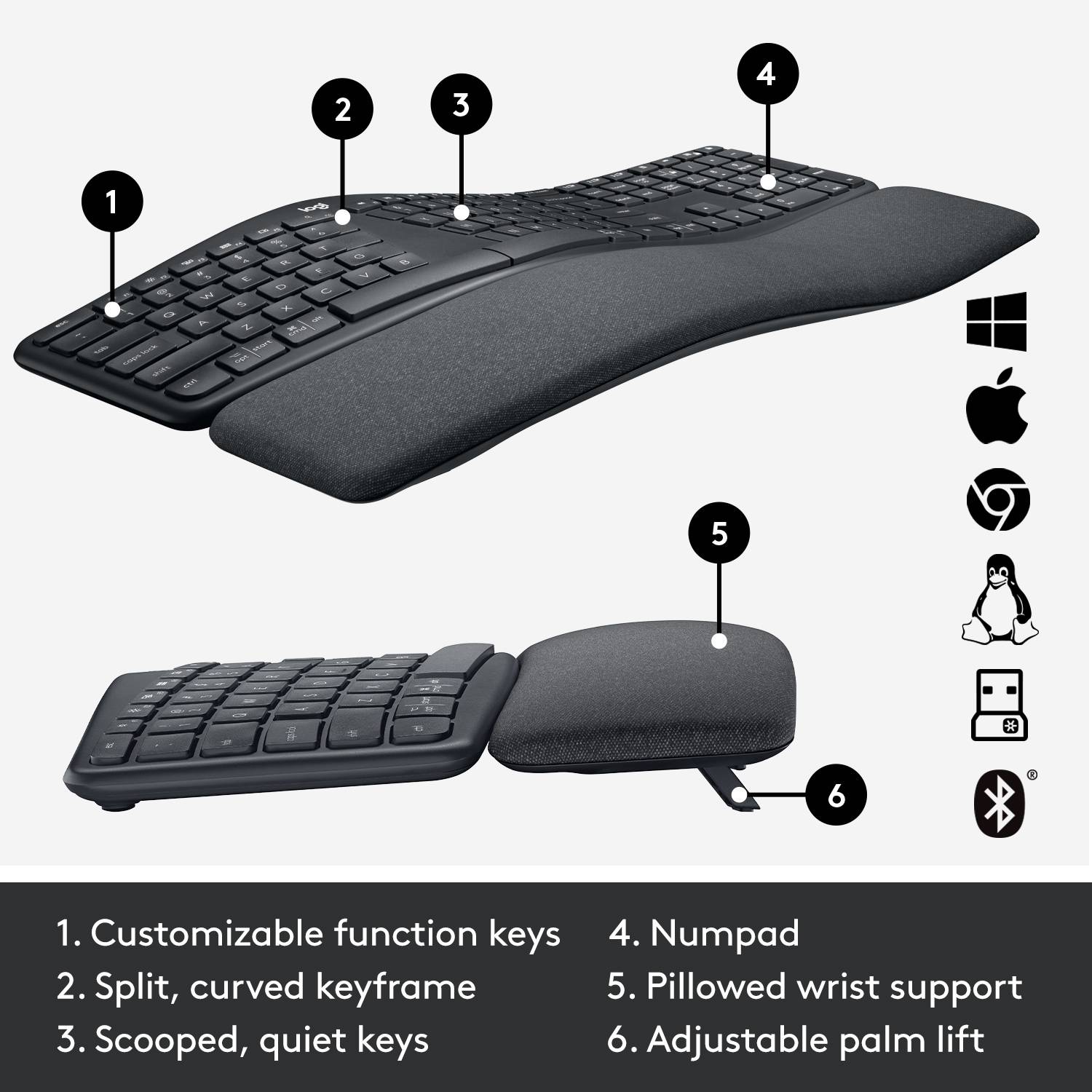 Clavier ergonomique avec repose-paume rembourré, design divisé et touches de fonction. Symboles de compatibilité représentés.