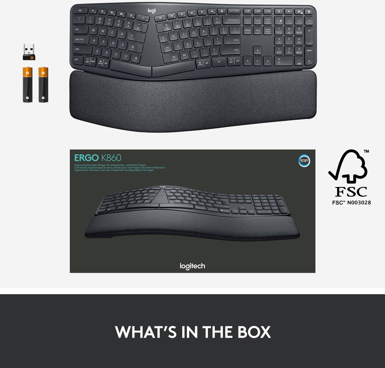 Clavier ergonomique Logitech ERGO K860, divisé avec repose-poignets. Contenu de la livraison : clavier, récepteur USB, 2 piles.