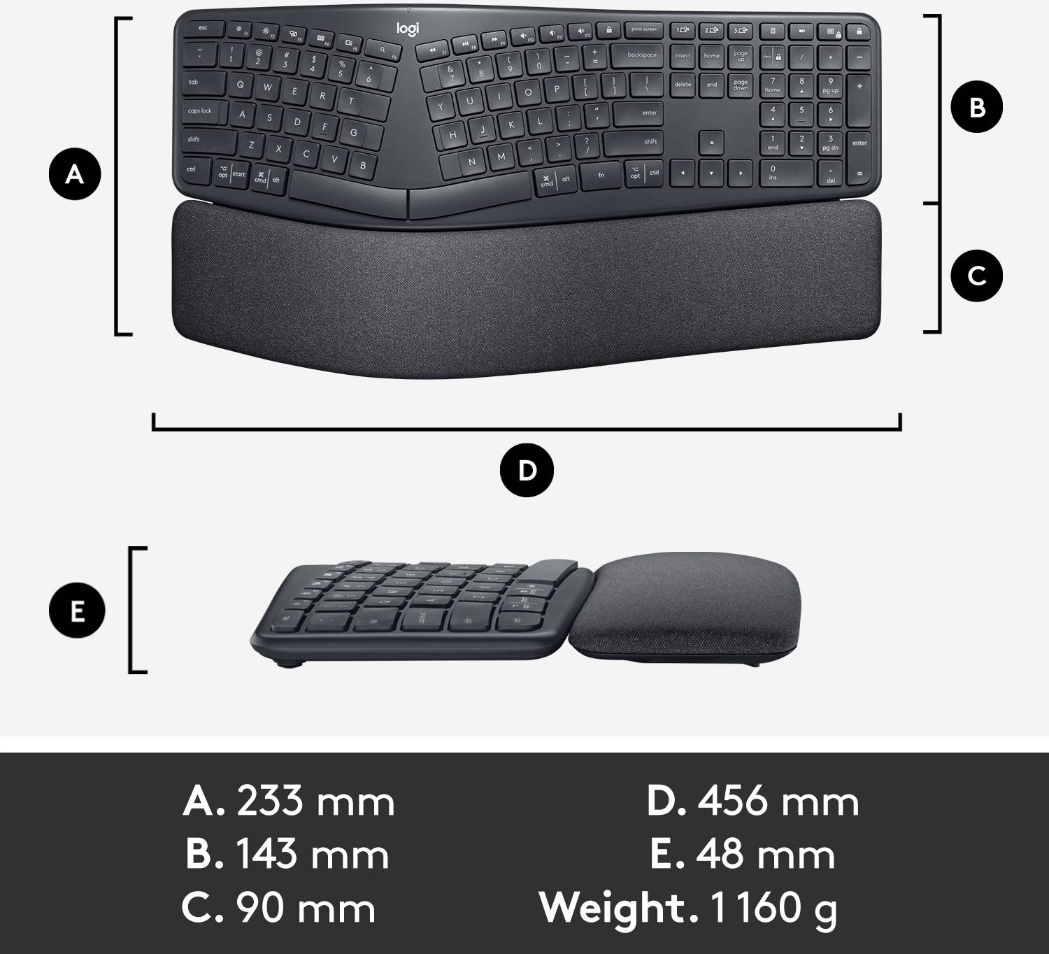 Clavier ergonomique avec repose-poignets. Dimensions : largeur 456 mm, hauteur 48 mm, profondeur 233 mm, profondeur du repose-poignets 143 mm, poids 1160 g.