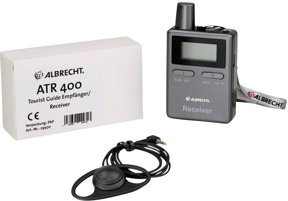 'Récepteur sans fil ATR 400 d'Albrecht pour visites touristiques. Comprend un récepteur portable et un ensemble d'écouteurs.'