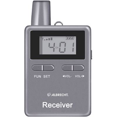 Récepteur radio portable de couleur argent, affichant '4CH' sur l'écran. La face avant comporte des boutons 'FUN', 'SET', 'VOL-' et 'VOL+'.