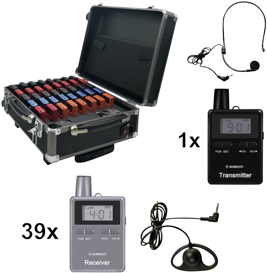 'Ensemble de conférence avec 39 récepteurs, 1 émetteur, valise et casque-microphone.'