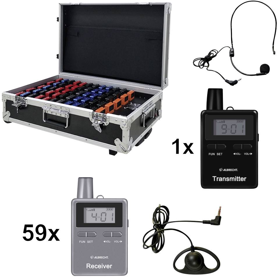 Système de valise avec 59 récepteurs et 1 émetteur, idéal pour les transmissions audio sans fil ; présente un microphone et ses accessoires.