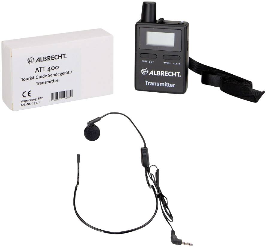 Système de guide touristique Albrecht AT 400 avec émetteur et micro-casque. Idéal pour les visites guidées et les excursions afin d'assurer une communication claire.