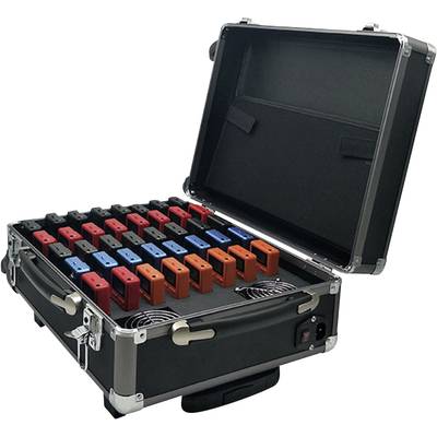 Valise ouverte contenant plusieurs éléments de différentes couleurs, notamment rouge et bleu. Ces éléments semblent organisés en rangées.
