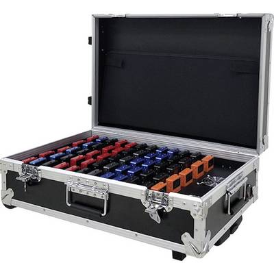 Une valise noire ouverte montre plusieurs rangées de concentrateurs USB de différentes couleurs, rouge et bleu, soigneusement rangés.