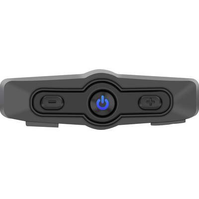 Gros plan sur une télécommande avec un bouton Marche/Arrêt au centre et des touches Plus et Moins à gauche et à droite.