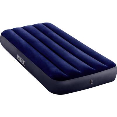 Matelas pneumatique bleu à rayures horizontales, adapté pour le camping ou l'hébergement d'invités.